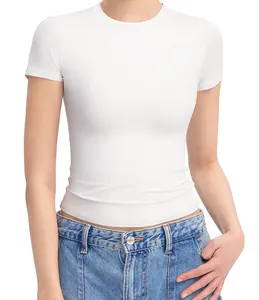 Camiseta sólida de manga corta de verano 2024, camiseta ajustada en blanco para mujer, Camiseta cómoda transpirable de poliéster liso de buena calidad