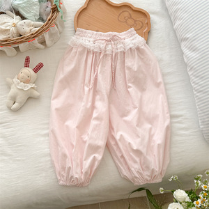 Tongxingyuan Girls' Cotton Lace Trim Jogger Pants Solid Color Summer Casual Pants For Kids - Product Image 4