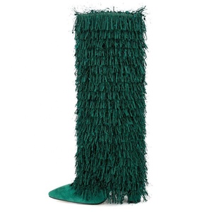 Big Size 45 Women's Winter Tassel Knee High Boots Suede Fringes Upper Chunky Heel Shoes Wide Fit <b>Long</b> Booties Custom - Product Image 1