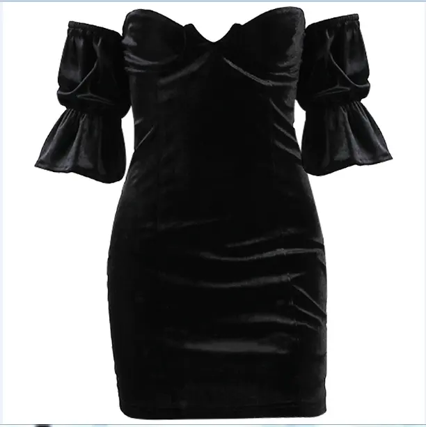 2022 Hot Selling Trendy Black Women's Sexy Dresses Shoulder Slim Waist Flared Sleeve Wrap Bodycon Dress Women Clothing