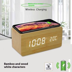 High Quality <b>LED</b> Wooden Alarm <b>Clock</b> Adjustable Brightness Wireless Charging Digital Display Quartz Electronic Acoustic Control - Product Image 6