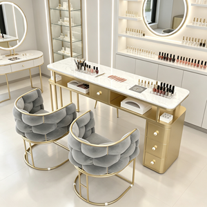 Table de manucure de luxe en métal doré avec plateau en marbre, poste de travail pour technicien des ongles, bureau de travail avec tiroirs de rangement pour salon de beauté - Product Image 2