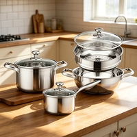Ensemble de 7 casseroles en acier inoxydable inductives avec cuiseur vapeur et couvercles en verre trempé