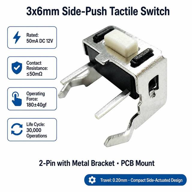 12V 0.5A 3*6mm Stainless Steel & Brass Tact Switch with Bracket Side Insertor Tactile Switch with White Button