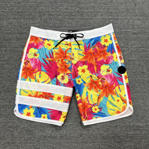 Shorts de bain pour hommes à motif floral, séchage rapide, avec cordon de serrage et bande latérale, tenue de plage décontractée, longueur courte, taille mi-haute - Product Image 3