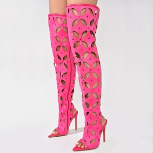 Botas largas de verano de gamuza con recortes, tacón de aguja, punta abierta, diamantes y cremallera lateral para mujer al por mayor - Product Image 4