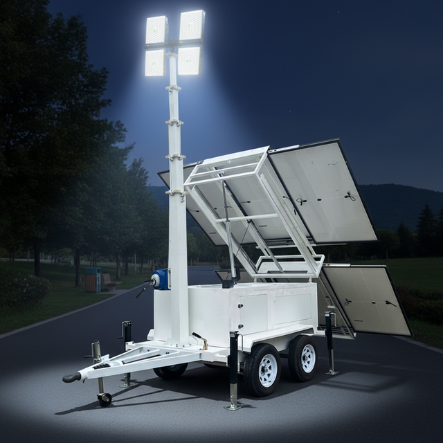 Movable Hybrid LED Light Tower Solar & Silent Diesel Generator 4x200W + DC/AC Outlets DC24V-72V Outdoor Night Work