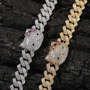 HK Süße Kubanische Kette Trendige Bestseller-Halskette Vereistes Katzen-CZ-Armband Rosa Schleife Kitty Bling Kitty Hip-Hop-Schmuck für Frauen und Männer - Product Image 5