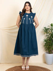 Solid Cotton Plus Size A-line <b>Dress</b> for Women Round Neck Short Sleeves Midi <b>Dress</b> Summer Western Party Casual Wear Stylish <b>Dress</b> - Product Image 2