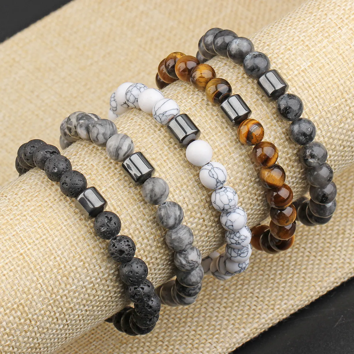 8mm Elastische Yoga-Armbänder mit Tigeraugen und Hämatit Natursteine Gesundheitspflege Magnettherapie Lava-Armband für Damen und Männer