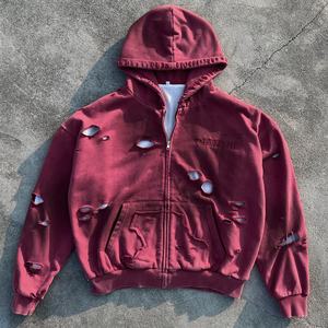 Sudadera con capucha extragrande personalizada con bordado, de doble capa, estilo waffle, con efecto desgastado, al por mayor, con cremallera y lavado ácido para hombre - Product Image 1