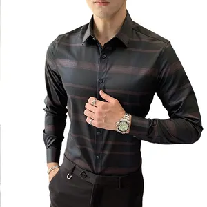 Factory wholesale ice silk striped polyester spandex long sleeve dress shirt for men