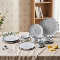 Service de table en céramique et porcelaine élégant ST, rayé bleu ivoire, avec finition émaillée, assiettes plates, bols à salade, pour repas d'hôtel, résistant aux rayures