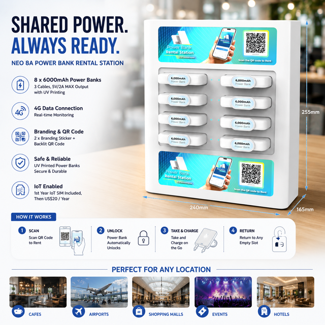 NEO 8A 4G IoT Power Bank Rental Station with 8 Slots 6000mAh Shared Power Bank System with Backlit QR Code for Restaurant Bar