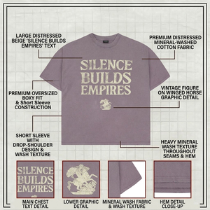 Camiseta Vintage <span class=keywords><strong>de</strong></span> Algodón para <span class=keywords><strong>Hombre</strong></span>, 300 g/m², Diseño 'Silence Builds Empires', Color Ciruela Desgastado, Corte Holgado, Estilo Desgastado - Product Image 4