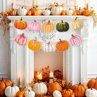 Bannière de fête d'automne avec citrouilles, décoration pour cheminée et manteau de cheminée, idéale pour Thanksgiving, anniversaires, en orange et rose