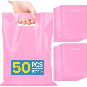 Pink Plastic <b>Gift</b> <b>Bags</b> 8x11in Die Cut Handles 50 Pcs For Party Favors Wedding Birthday Anniversary - Product Image 1