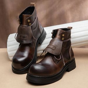 Chaussures décontractées rétro de style italien, bottes en cuir à tige haute, grande taille, à lacets, bout rond, antidérapantes, bottes d'automne qui augmentent la taille - Product Image 2