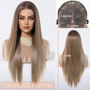 Parrucca anteriore in pizzo marrone Ombre13X6 parrucca futura in fibra sintetica lunga parrucca diritta a strati naturale mista vera foto - Product Image 5