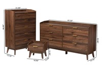 Vente en gros d'ensemble de 3 pièces de chambre à coucher en noyer du milieu du siècle avec commode, coffre, table de chevet, poignées en métal minces, meubles de rangement