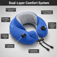 Oreiller de voyage gonflable en mousse à mémoire de forme avec massage électrique 8 points par pétrissage, rechargeable Type-C, pliable, certifié CE, OEM