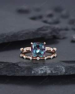 925 Cojín de plata esterlina Corte Alejandrita Compromiso 14K Chapado en oro rosa June Birthstone Promise Anillo de bodas - Product Image 2