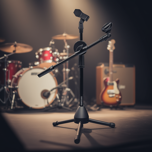 Soporte de micrófono dual plegable con trípode ajustable y rotación de 360°, mini soporte de micrófono de pie para uso en escenario. - Product Image 2