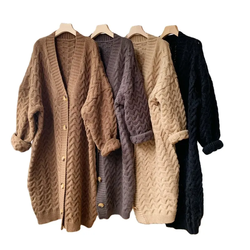Winter Vintage Korean Brown Chunky Sweater Women Oversize Long Sweater Cardigan