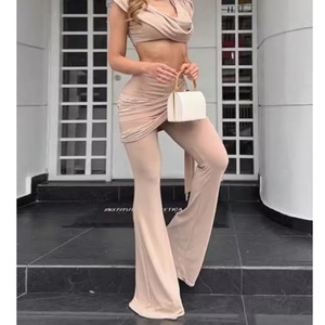 ชุดสูทสะดือสั้นคอวีอัดจีบสีพื้นชุดกางเกงสองชิ้นแฟชั่น - Product Image 4