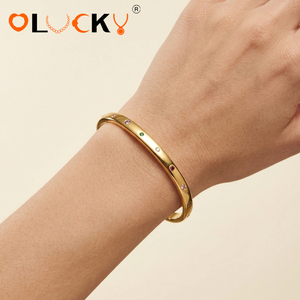 LUCKYJIU Produttore di Gioielli Personalizzati, <span class=keywords><strong>Bracciale</strong></span> Curvo Arcobaleno in Acciaio Inossidabile Impermeabile Placcato <span class=keywords><strong>Oro</strong></span> 18k con Zirconia per Donne - Product Image 3