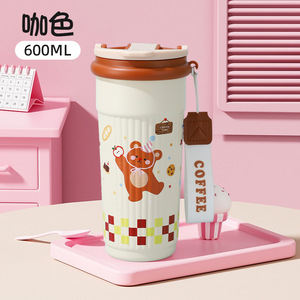 แก้วน้ำเก็บความร้อนสุญญากาศลายการ์ตูนน่ารัก ขนาด 600 มล. ฝาปิด PP ซีลซิลิโคน สายคล้องผ้า ทำจากสแตนเลส เหมาะสำหรับเดินทาง - Product Image 2