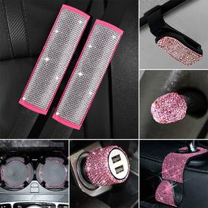 17 Piezas de Accesorios Decorativos para el Interior del Automóvil, Fundas de Cuero Brillante Universales para Cinturones de Seguridad, Ganchos, Portavasos, Cargador de Teléfono, Clip para Gafas de Sol - Product Image 4