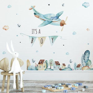 Papel pintado de avión azul claro de dibujos animados, pegatina de pared de ciudad de cuento de hadas, decoración de habitación de niños, Fondo de guardería, calcomanía de pared - Product Image 5