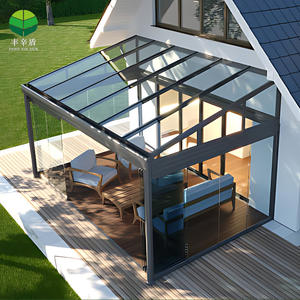 Gazebo Aluminium Sunroom Luar Ruangan dengan Dinding Miring, Rumah Kaca Kaca Terpasang di Dinding, <span class=keywords><strong>Pergola</strong></span> Bioklimatik Luar Ruangan dengan Penutup Elektrik untuk Semua Musim - Product Image 1