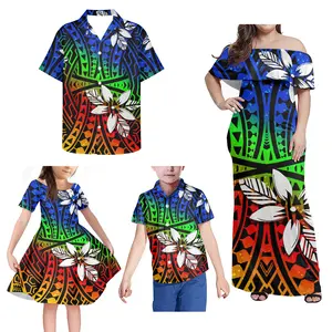 Luxus Eltern-Kind passende Kleidung Polynesian Floral Summer Off Shoulder Mama Kleid und ich Shirts Familie Outfits Großhandel