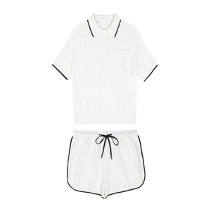 Wholesale Custom Women's White <b>Knit</b> <b>Set</b>, Lapel Short Sleeve Polo Top & Shorts, Ladies Casual Summer 2 Piece Outfit - Product Image 6