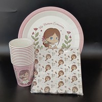 Ensemble de vaisselle jetable pour fête européenne et américaine pour petites filles, design ondulé, papier recyclable, plateau en papier, gobelets de 8 oz