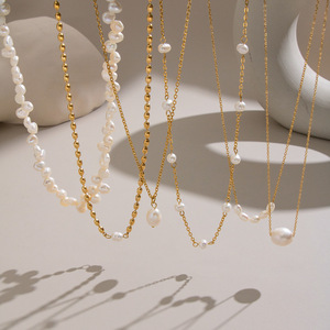 Của phụ nữ thép không gỉ Vòng cổ nước ngọt Baroque ngọc trai mô hình hình học Christian biểu tượng kim cương - Product Image 2