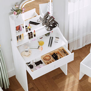<span class=keywords><strong>Petite</strong></span> coiffeuse durable en bois avec miroir LED, tiroir de rangement, chaise et <span class=keywords><strong>trois</strong></span> étagères, pour chambre à coucher, couleur blanche - Product Image 4