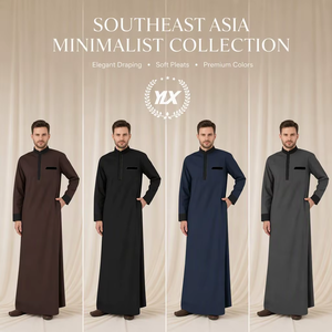 Thobe sur mesure pour homme, marron, manches longues, col mandarin, robe islamique, kaftan musulman, <span class=keywords><strong>dishdasha</strong></span>, OEM - Product Image 4
