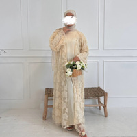 J-258 Abaya de Dubaï de Luxe Faite à la Main, Cardigan Élégant en Dentelle Florale et Perles, Robes Modestes pour Femmes Musulmanes avec Hijab Assorti