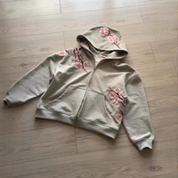Sweat-shirt à capuche zippé brodé de fleurs de cerisier haut de gamme, veste épaisse rétro américaine ample et tendance