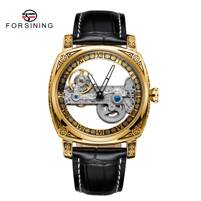 For Transparent Skeleton Automatic Alloy Luxury Watch for Men with Leather Band Square Case Day/Date Display