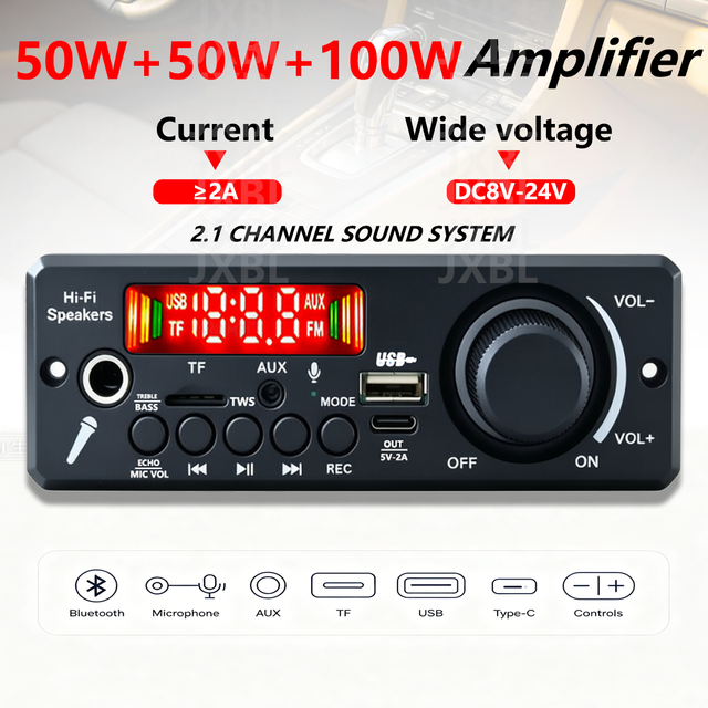 200W 2.1-Channel for Amplifier Board 50W+50W+100W 8-24V Car Audio Module with TWS Bass/Treble Mic Echo 5V-2A Output Remote