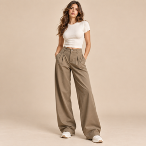 Set Due Pezzi <span class=keywords><strong>Donna</strong></span> Anni 2000 Y2k Vintage: T-shirt a Costine con Cerniera e Cintura Ecologica, <span class=keywords><strong>Pantaloni</strong></span> a Vita Alta Plissettati in Cotone - Product Image 1