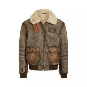 PU Leather-Trim Wool High Neck Shearling Bomber Vintage Washed Winter Leather Jacket For Man