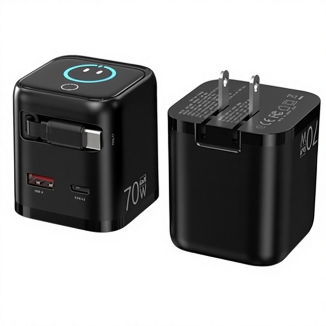 70W GaN Fast-Charging Adapter PD 31 Flash Charging Dual-Port USB-C/A Smart Display Portable Travel Charger 100-240V