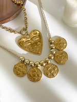 Collier long pour femme en acier inoxydable superposé avec pendentif cœur et plaque ronde - Bijoux personnalisés pour femme au style tendance