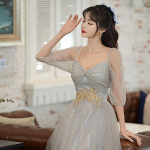 Grey Bridesmaid Dress For Women Long A-Line Sweetheart Neckline Elegant Evening Gown Plus Size Banquet Wear - Product Image 3