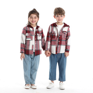 Automne hiver enfants Plaid brossé à capuche à manches longues veste Style européen américain décontracté hauts à la mode pour garçons neutre - Product Image 5